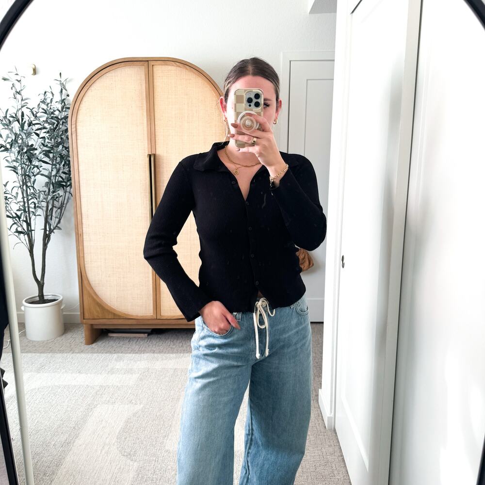 Topshop Black Ribbed Button Front Top - Picture 9 of 9